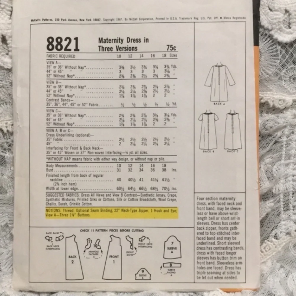 1960s maternity sewing pattern, McCall’s 8821, dress, 32” bust